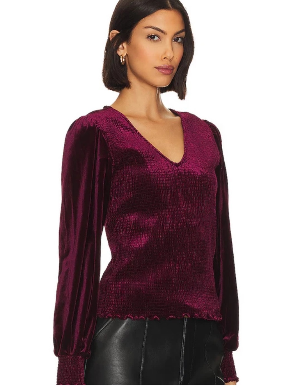 1.State Port Wine Jewel Tone Smocked Velvet V-neck Top Size Small Long Sleeves